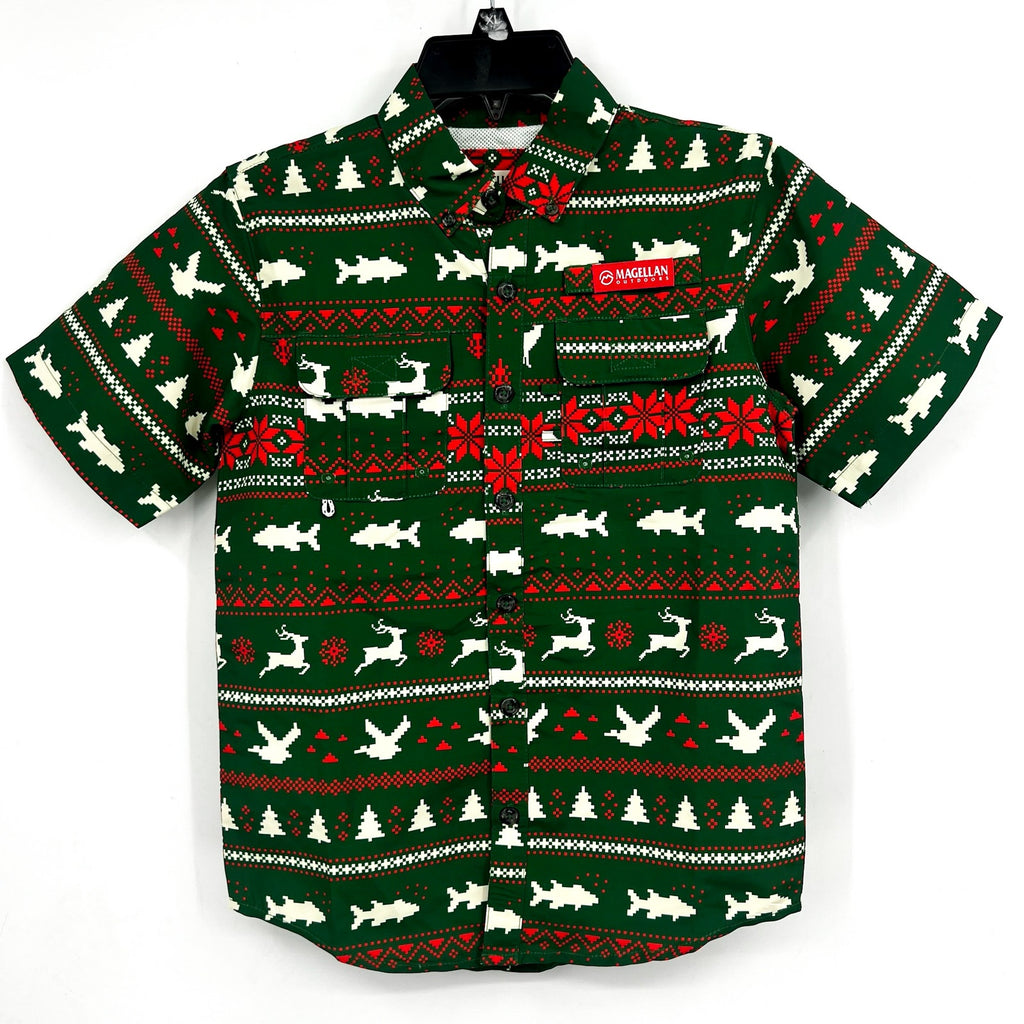 Magellan Boys Laguna Madre Holiday Fair Isle Fishing Shirt Small Green Red NWOT