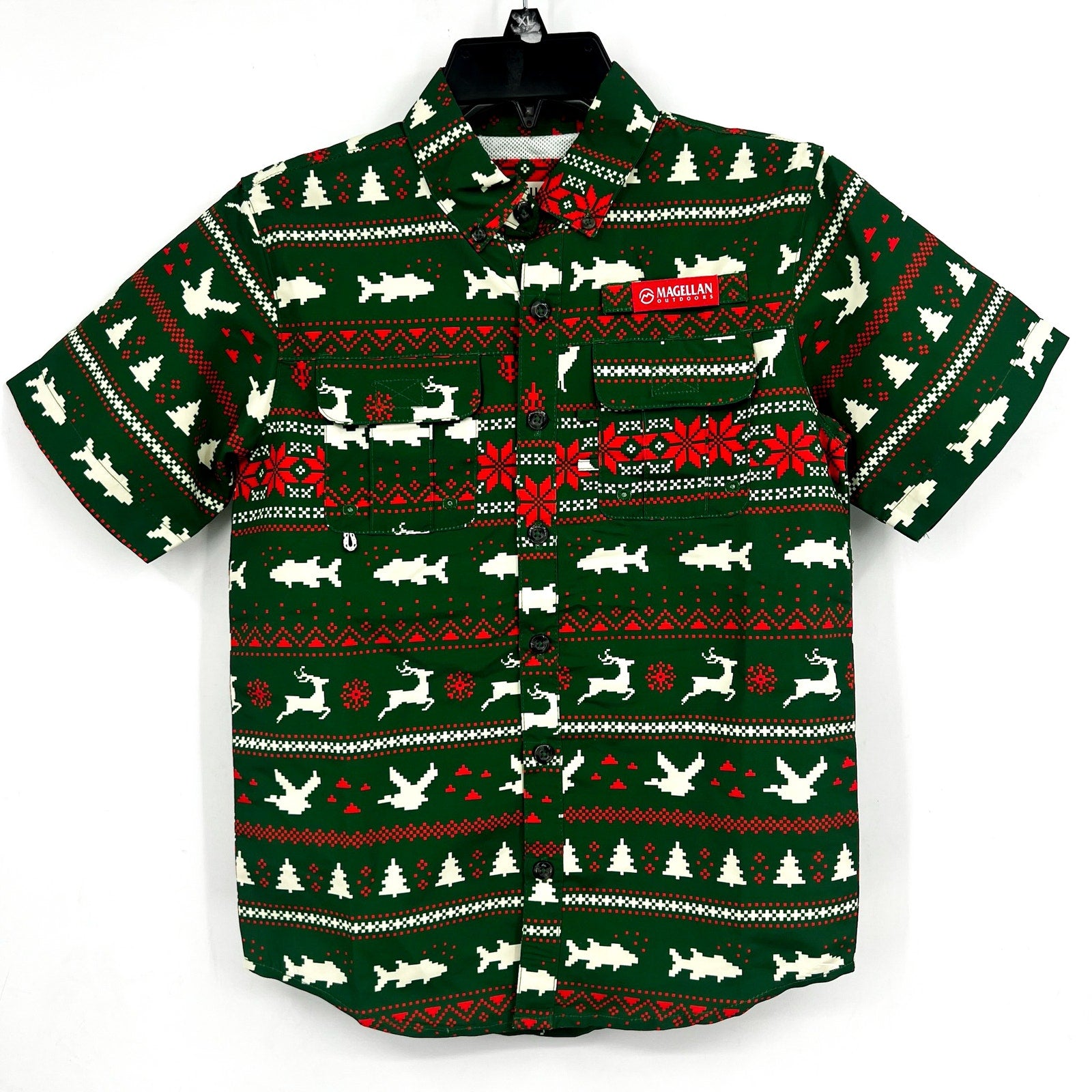 Magellan Boys Laguna Madre Holiday Fair Isle Fishing Shirt Small Green Red NWOT