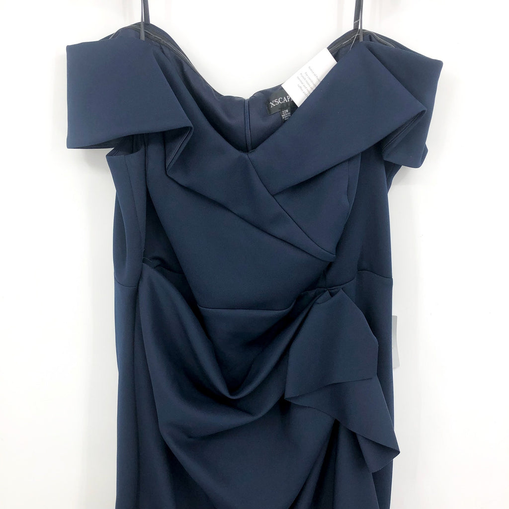 XSCAPE Patti Off the Shoulder Scuba Crepe Dress SIZE 14 Blue Midnight Gown NWT