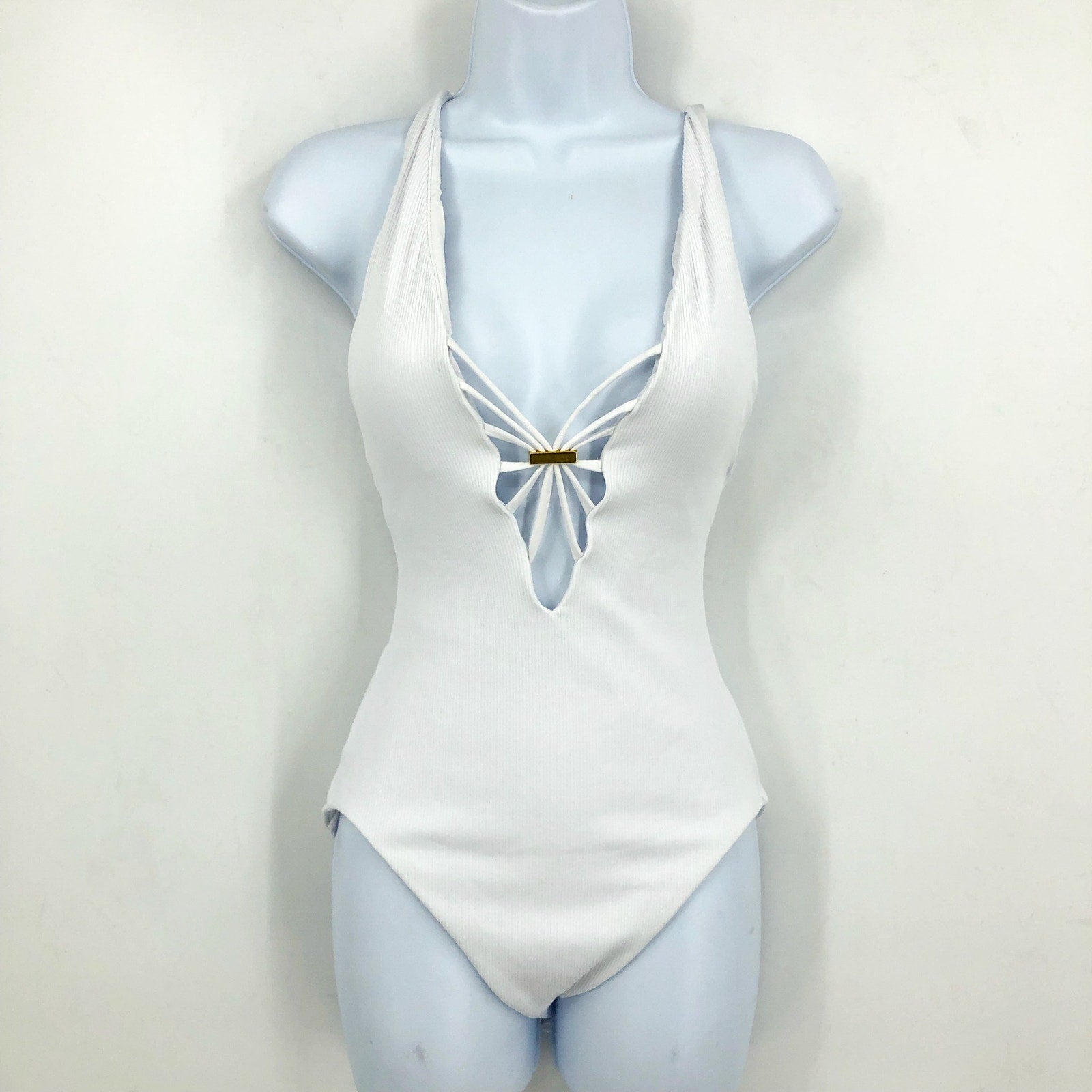 BECCA Women's Modern Edge Haley One Piece Swimsuit Large White Plunge Neck NWT
