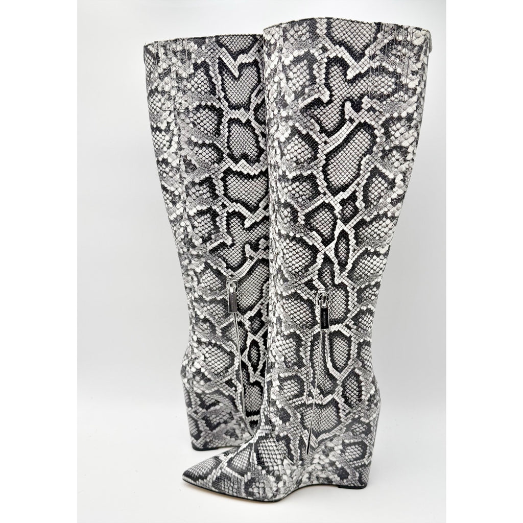 Michael Kors Womens Isra Knee High Wedge Boots Size 5.5 Black Snake Leather NWOB