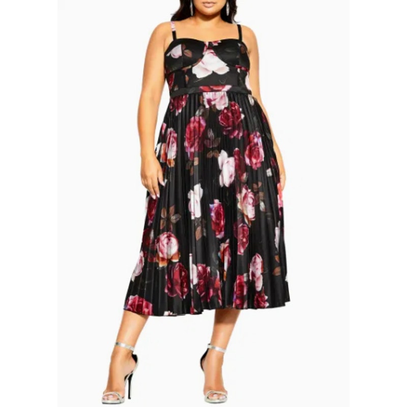 CITY CHIC Rich Bloom Party Dress Medium Size 18 Black Floral Midi Straps NWOT