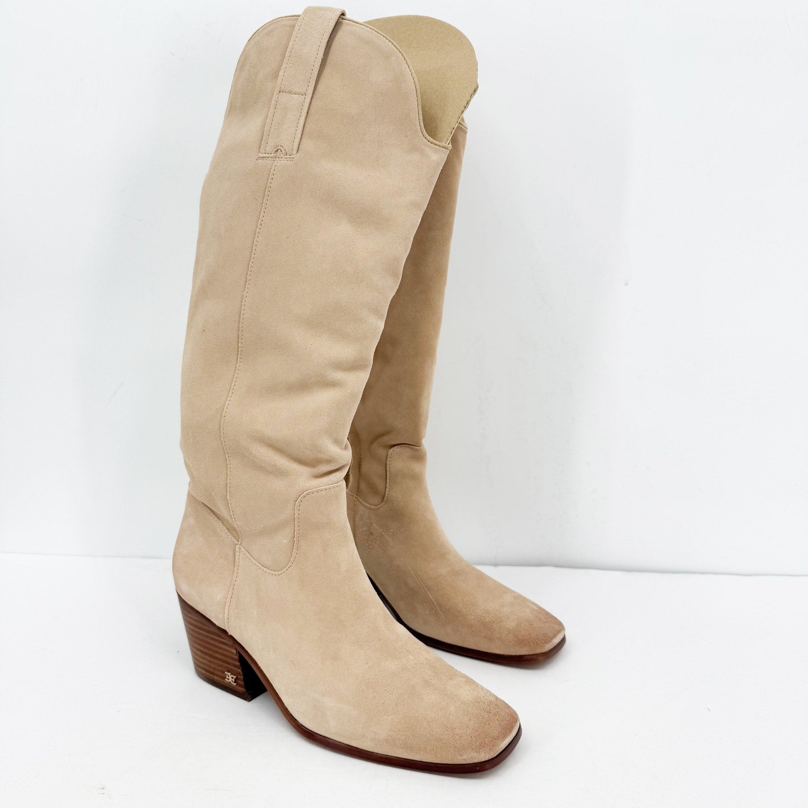 Sam Edelman Womens Britten Western Knee High Boots Size 8 Cream Tan Suede NIB