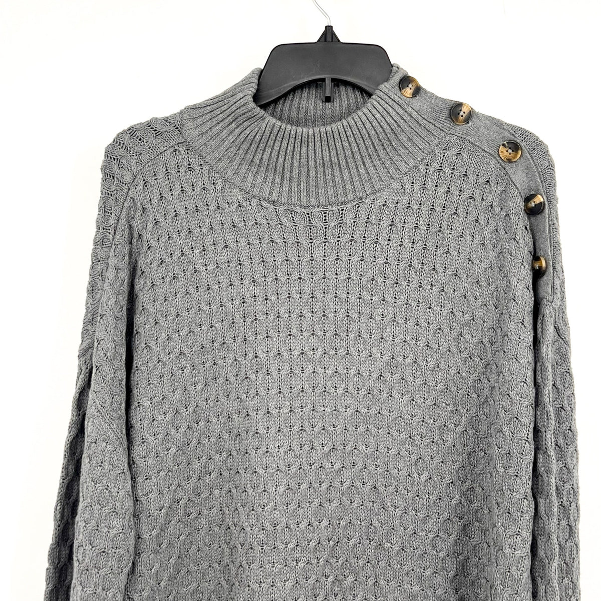 MOTHERHOOD Maternity Cable Knit Sweater Medium Grey Button Shoulder NWOT
