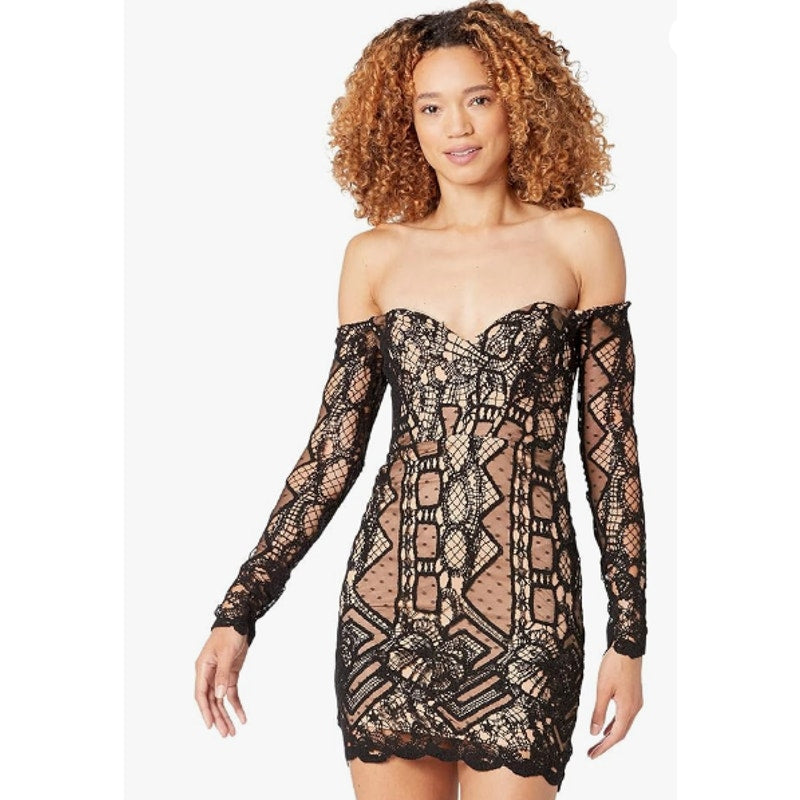 BARDOT Women's Zendaya Mini Lace Dress US 8 Large Black Nude Off Shoulder NWT
