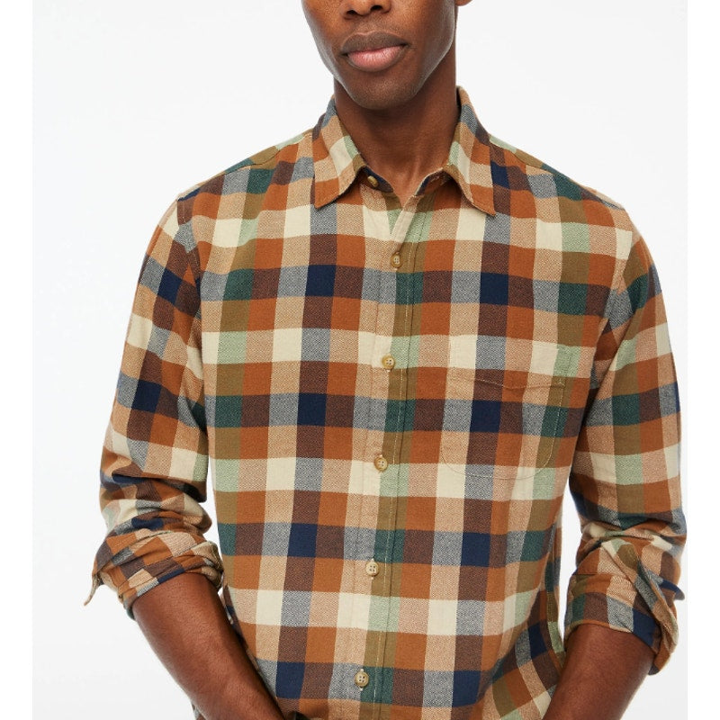 J.CREW Mens Slim Fit Gingham Flannel Shirt Large Brown Natural BU177 NWOT
