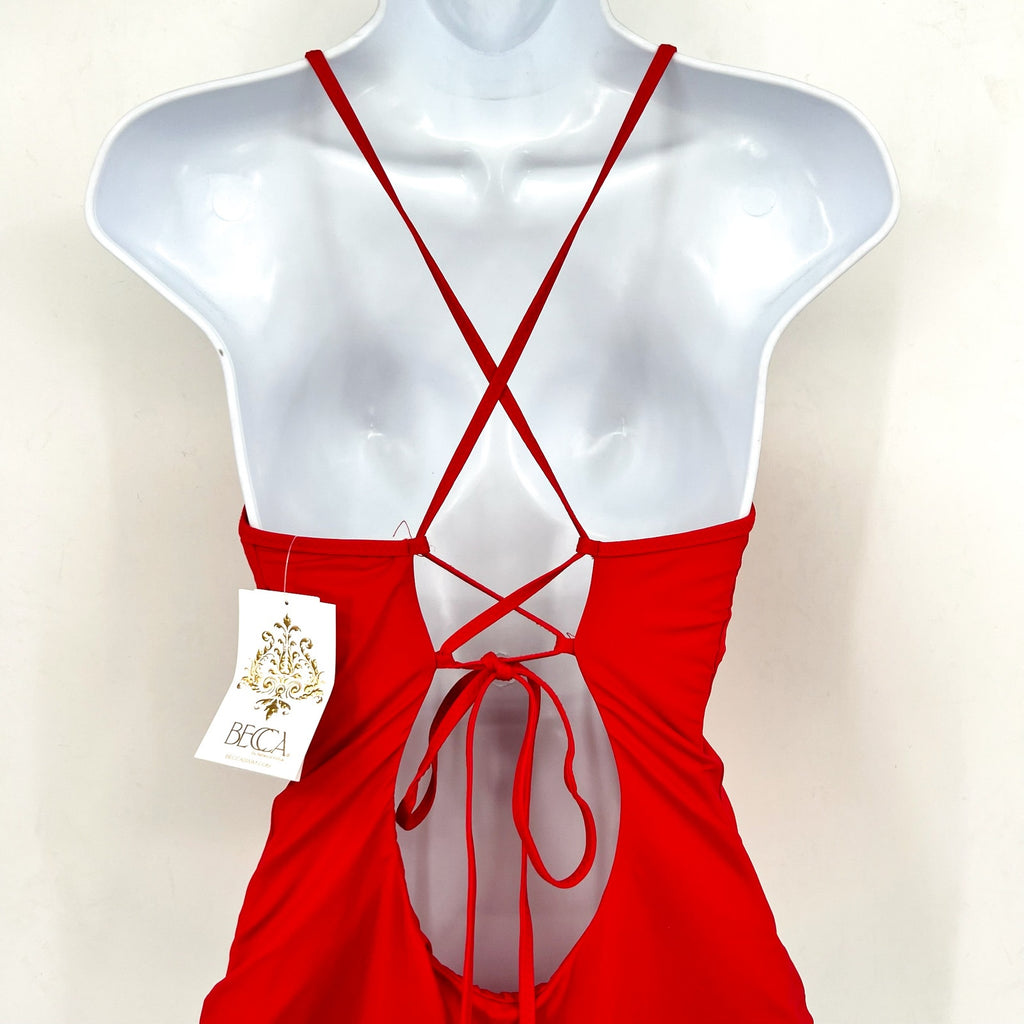 BECCA Fiesta Clare Plunge One Piece Swimsuit Large Fire Red Embroidered NWT