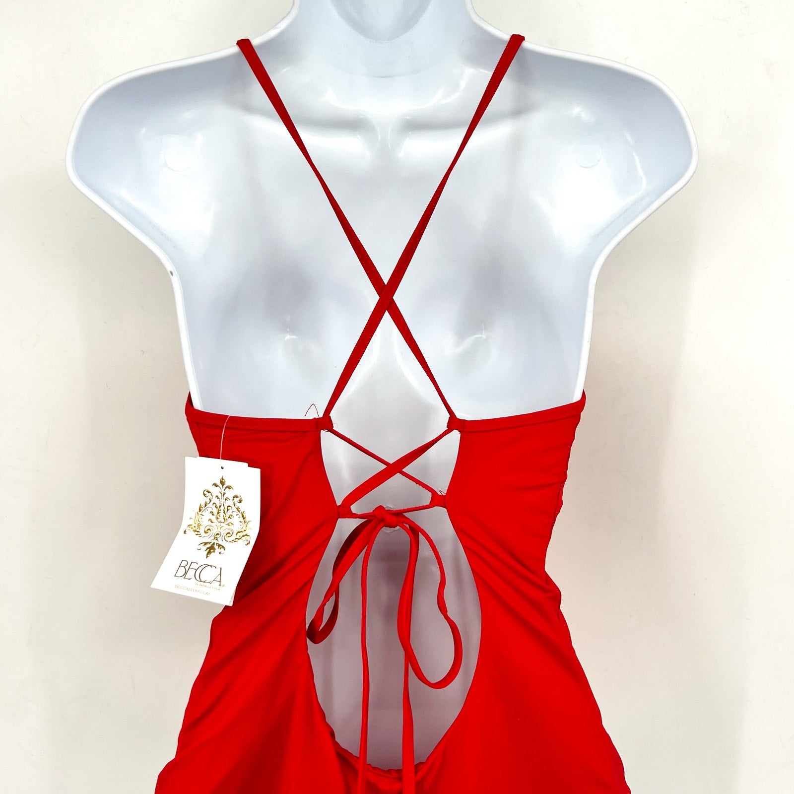 BECCA Fiesta Clare Plunge One Piece Swimsuit Large Fire Red Embroidered NWT