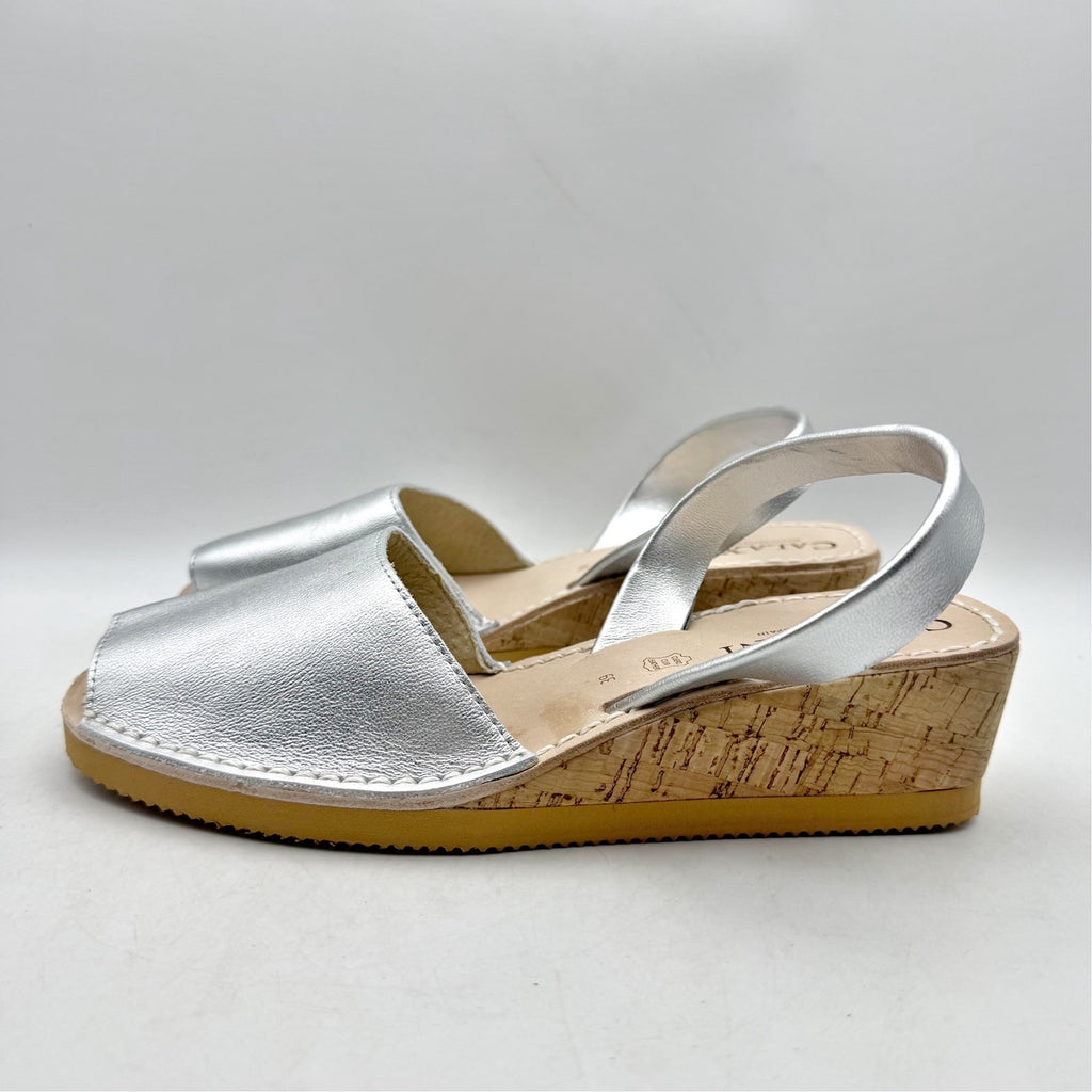 CalaXini Womens Cork Wedge Sandals EU 39 US 8.5-9 Silver Leather NWOB