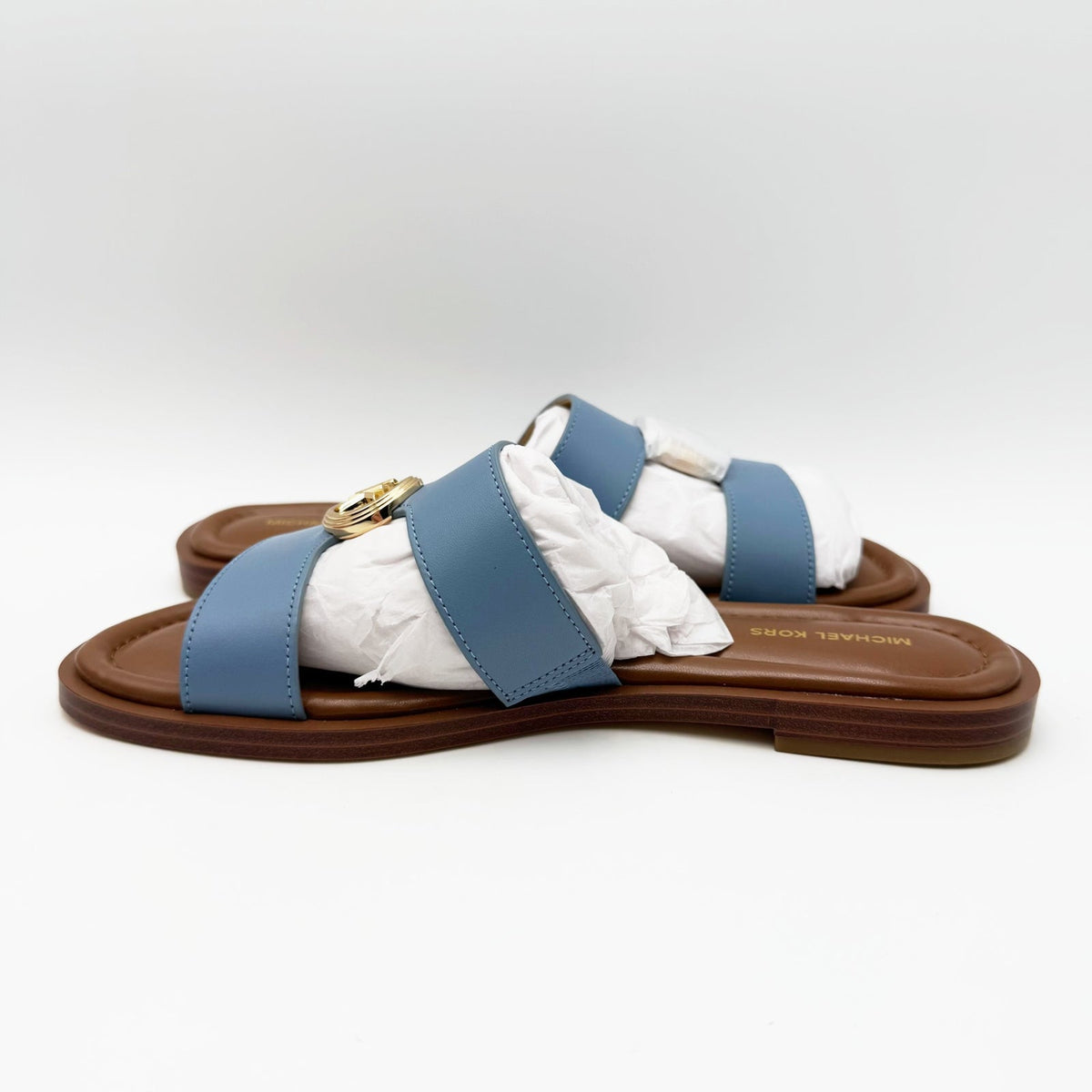 Michael Kors Womens Erin Leather Flat Sandals Size 6.5 Light Blue Chambray NIB