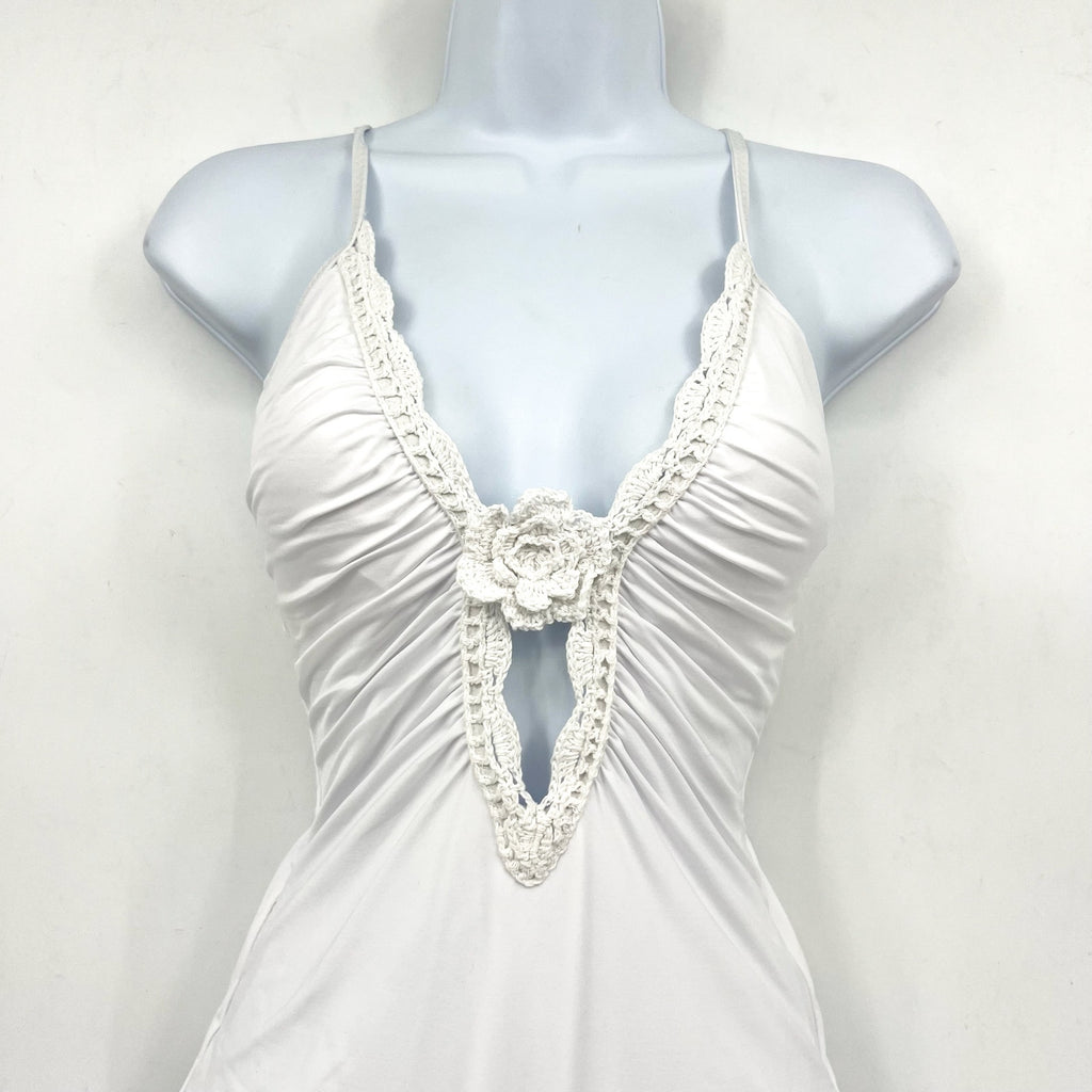 BECCA Colette Clare Plunge One Piece Swimsuit Small White Crochet Flower NWT