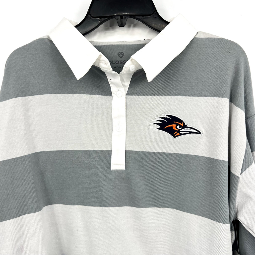 COLOSSEUM Womens U of Texas SA World Peace Rugby Shirt Medium Grey White NWT