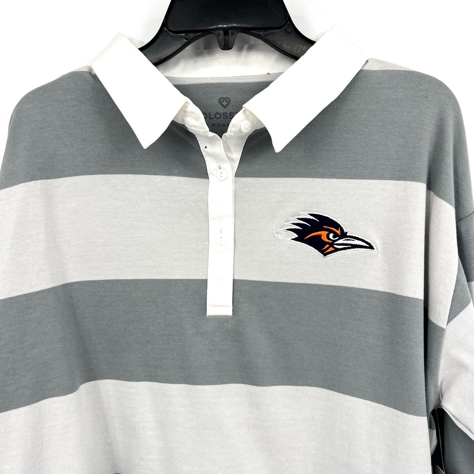 COLOSSEUM Womens U of Texas SA World Peace Rugby Shirt Medium Grey White NWT