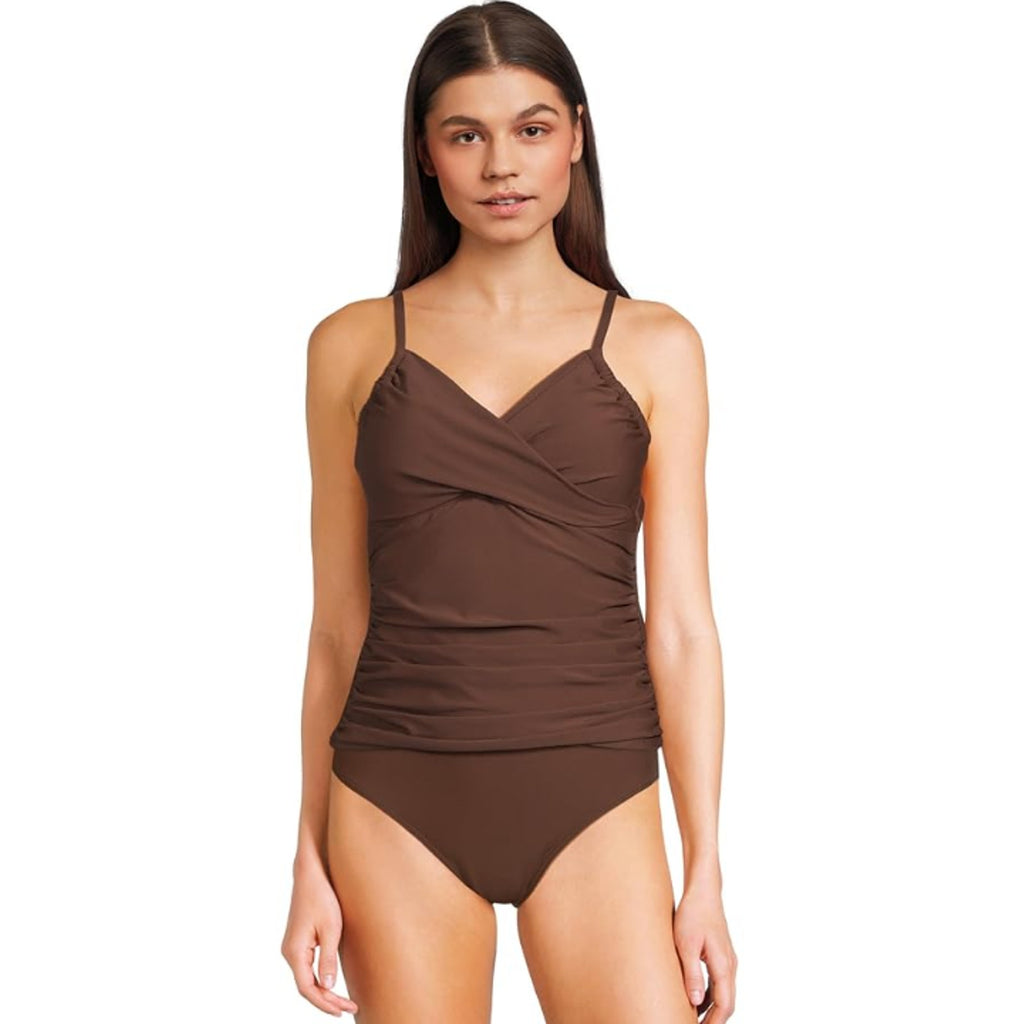 SUNSETS Women's Simone Tankini Top Small Tiki Brown Cross-Over Front Swim NWT