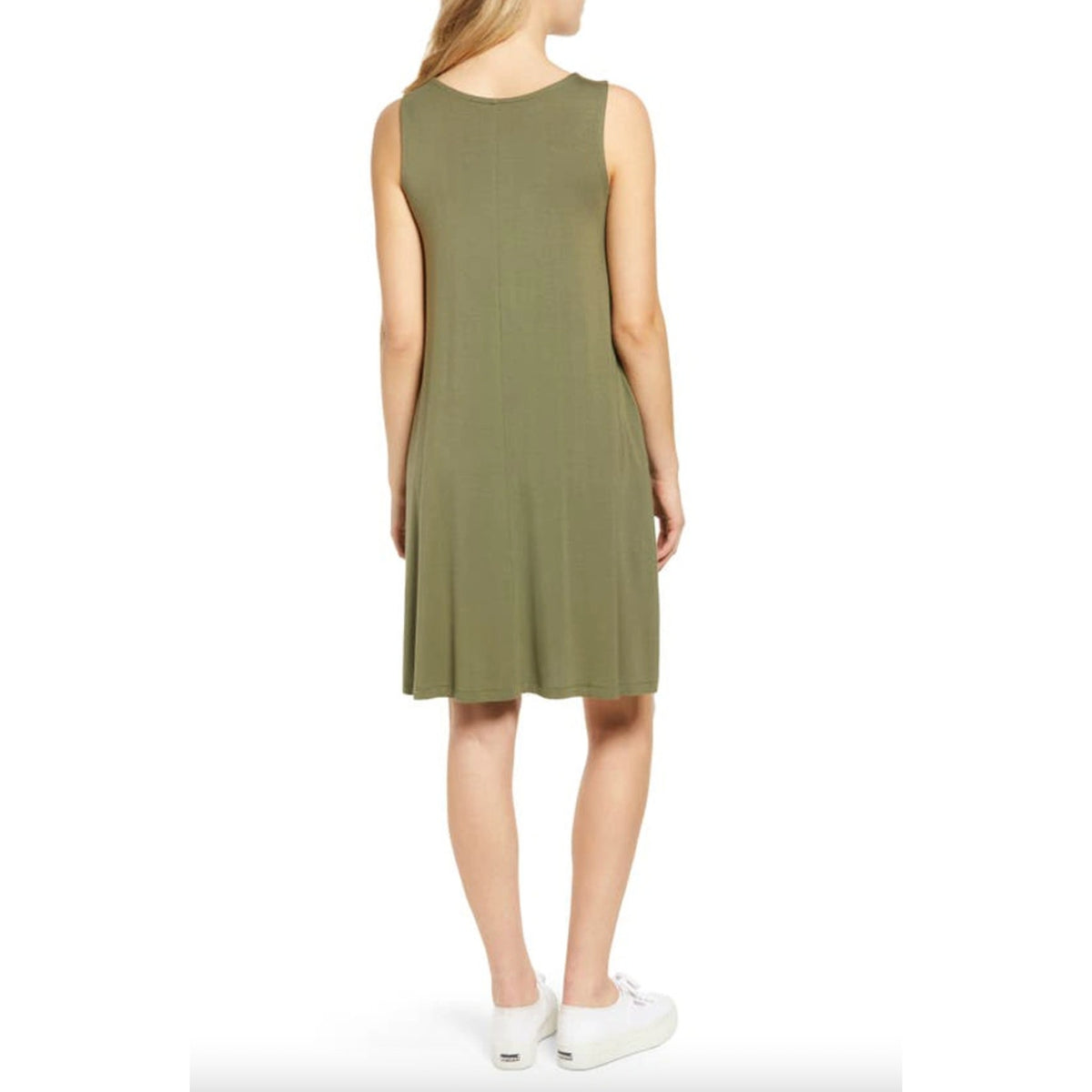 Caslon Womens Swing Dress XS Green Tank Sleeveless Round Neck Pockets NWT
