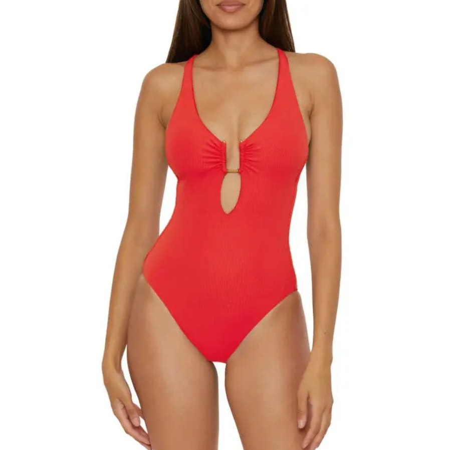 BECCA Women's Modern Edge One Piece Swimsuit Large Fire Red Plunge Neck NWT