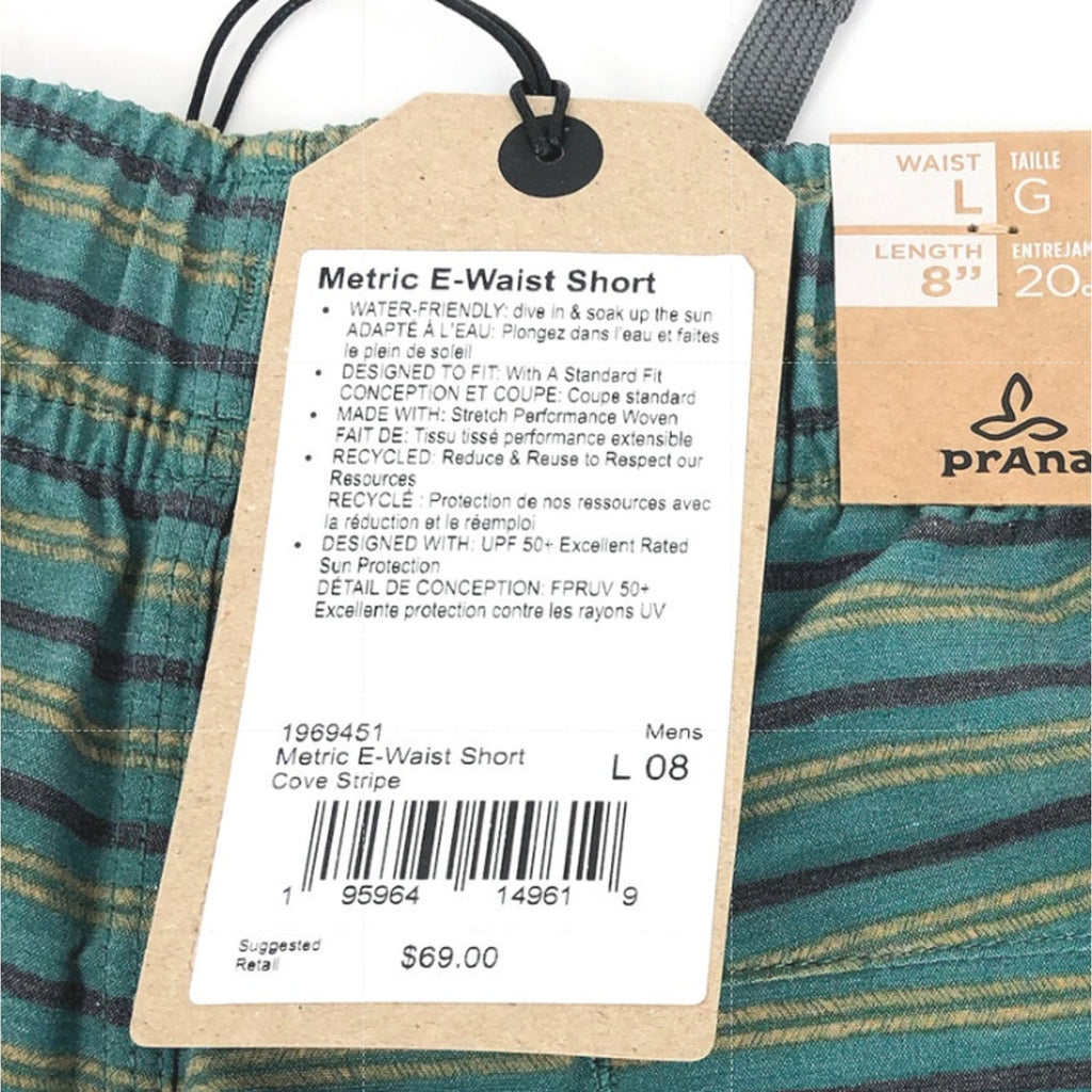 PRANA Men's Metric Swim Shorts Large Green Blue Cove Stripe 8" Inseam NWT