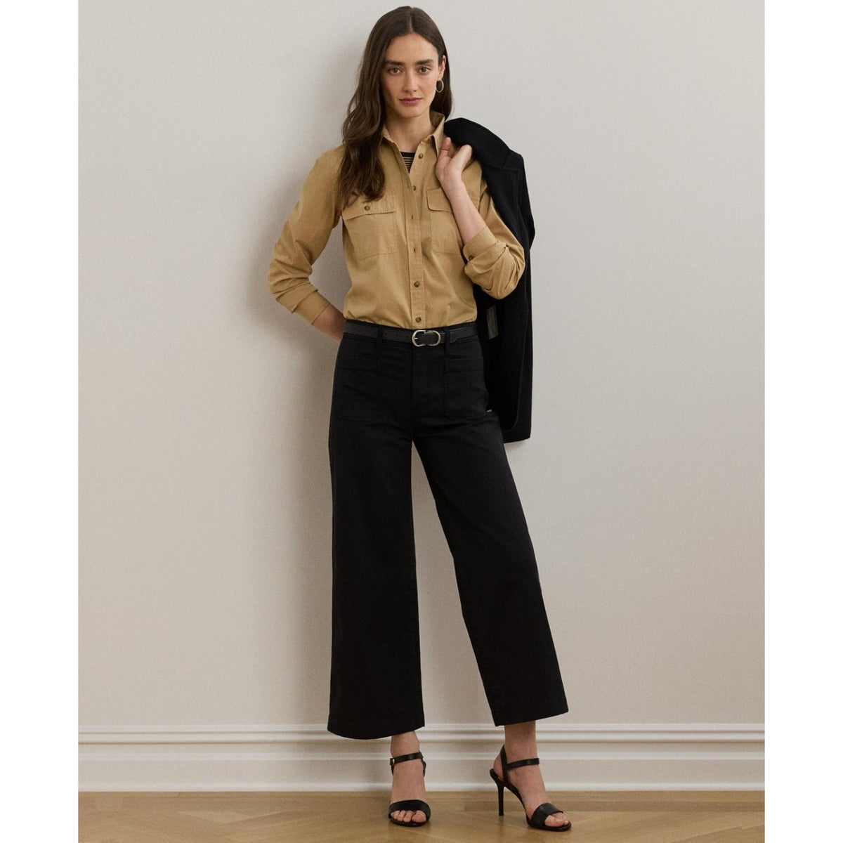 LAUREN RALPH LAUREN Womens Wide Leg Cropped Pants Size 2 Black Stretch Chino NWT