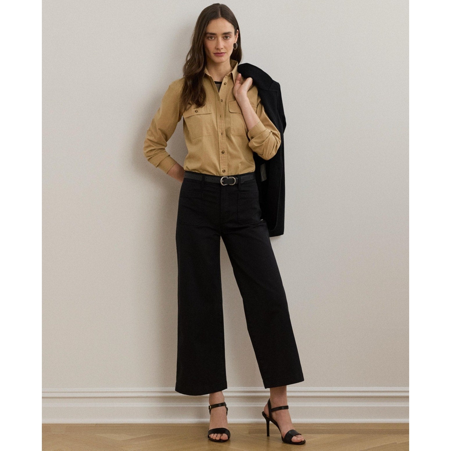 LAUREN RALPH LAUREN Womens Wide Leg Cropped Pants Size 2 Black Stretch Chino NWT