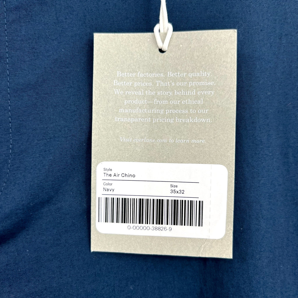 EVERLANE Mens Air Chino Pants 35x32 Navy Blue Stretch Cotton Poplin Slim Fit NWT