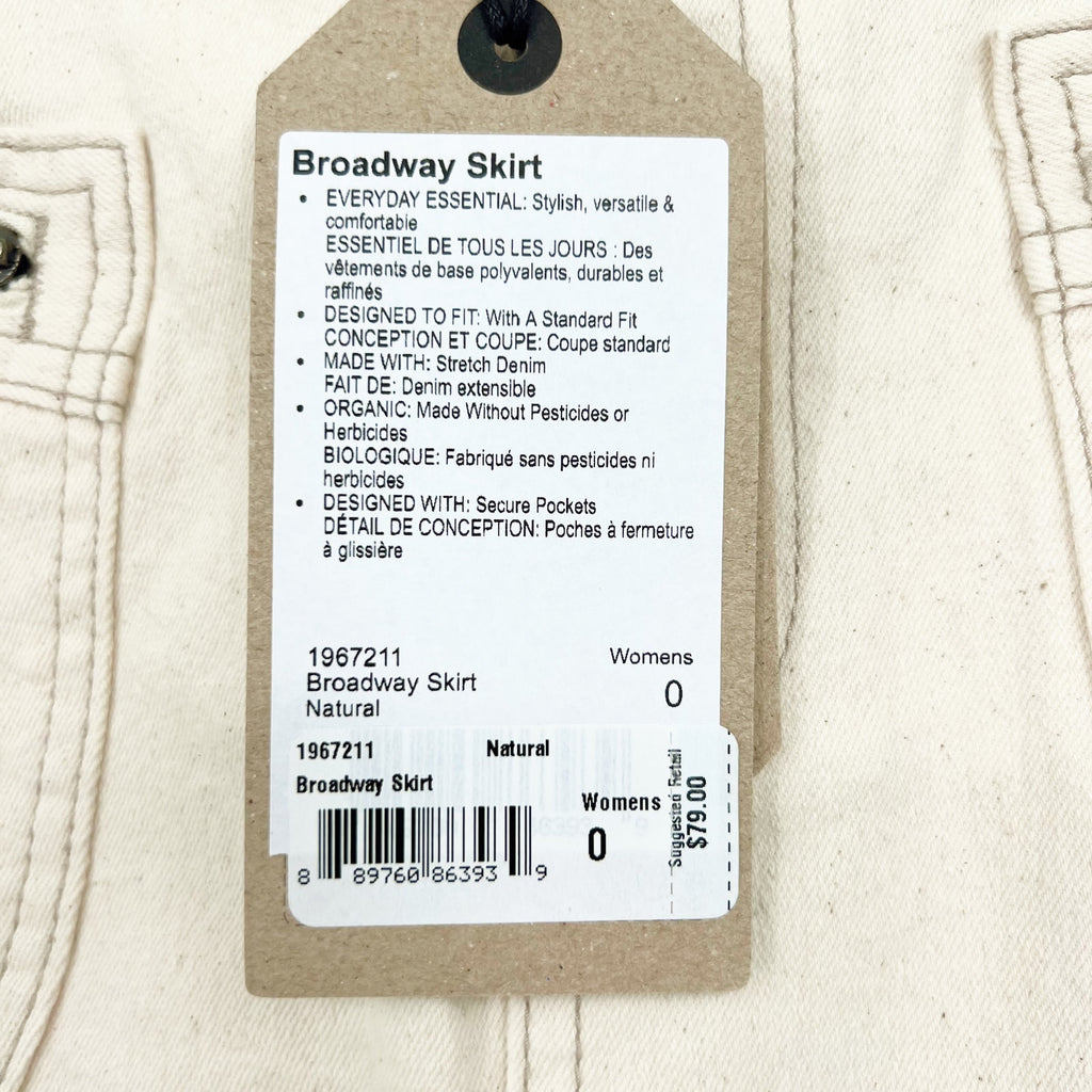 PRANA Womens Broadway Denim Skirt Size 0 Natural Cream Knee Length Stretch NWT