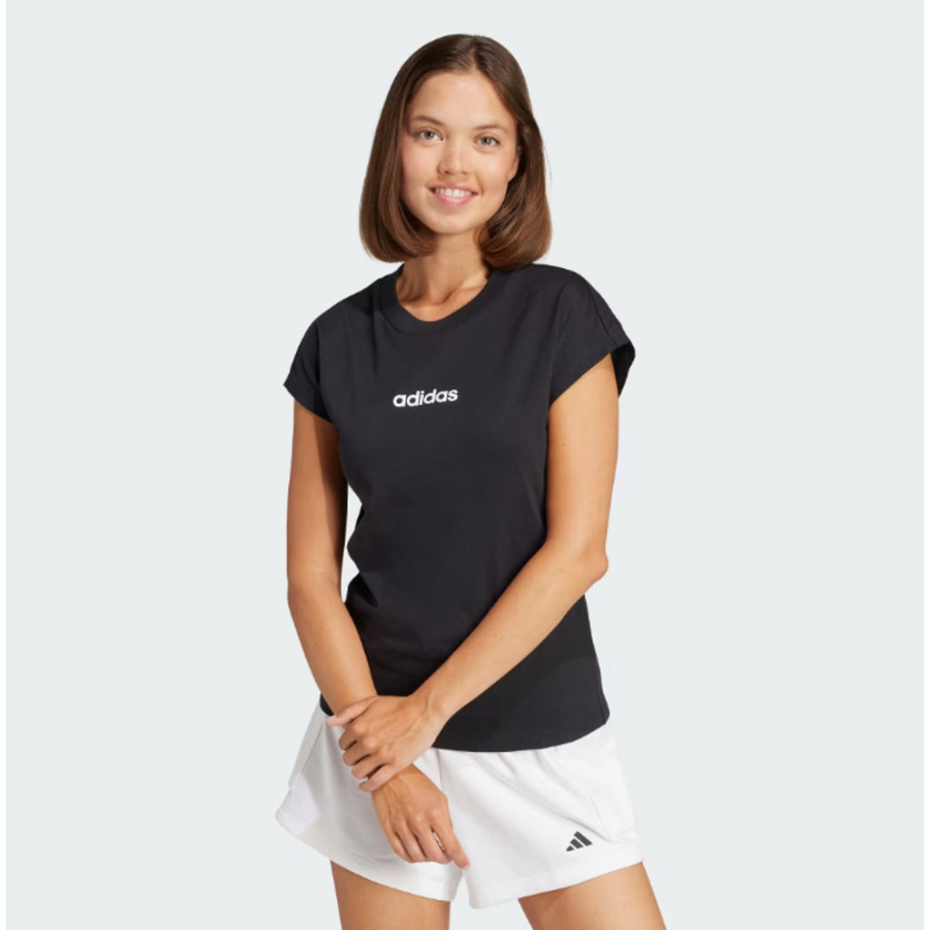 ADIDAS Women's Essentials Linear Cotton Tee Large Black White Short Sleeve NWT