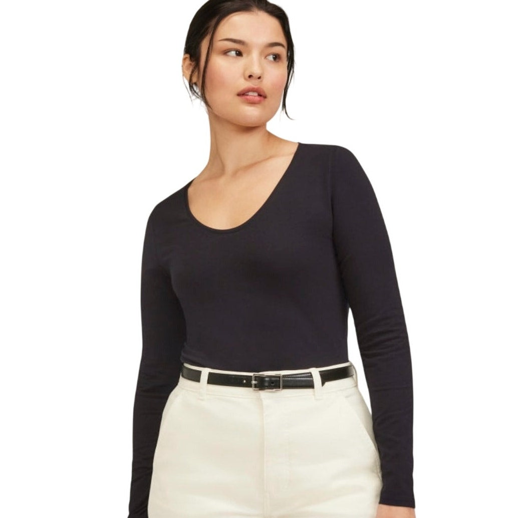 EVERLANE Women's Supima Form Ballet Neck Tee Large Black Long Sleeve NWT