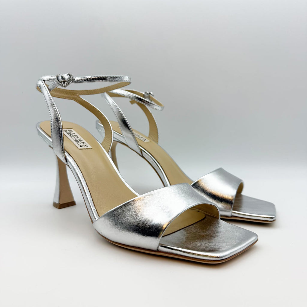 Badgley Mischka Women's Cady Sandals 9.5 Silver Leather Square Toe High Heel NIB