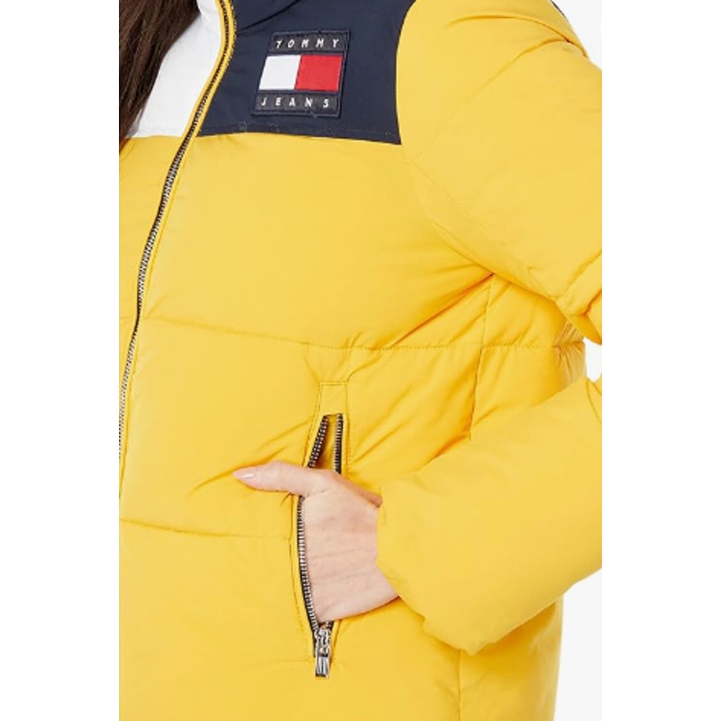 TOMMY JEANS Womens Big Logo Puffer Coat XS Yellow White Blue Ski Jacket NWT