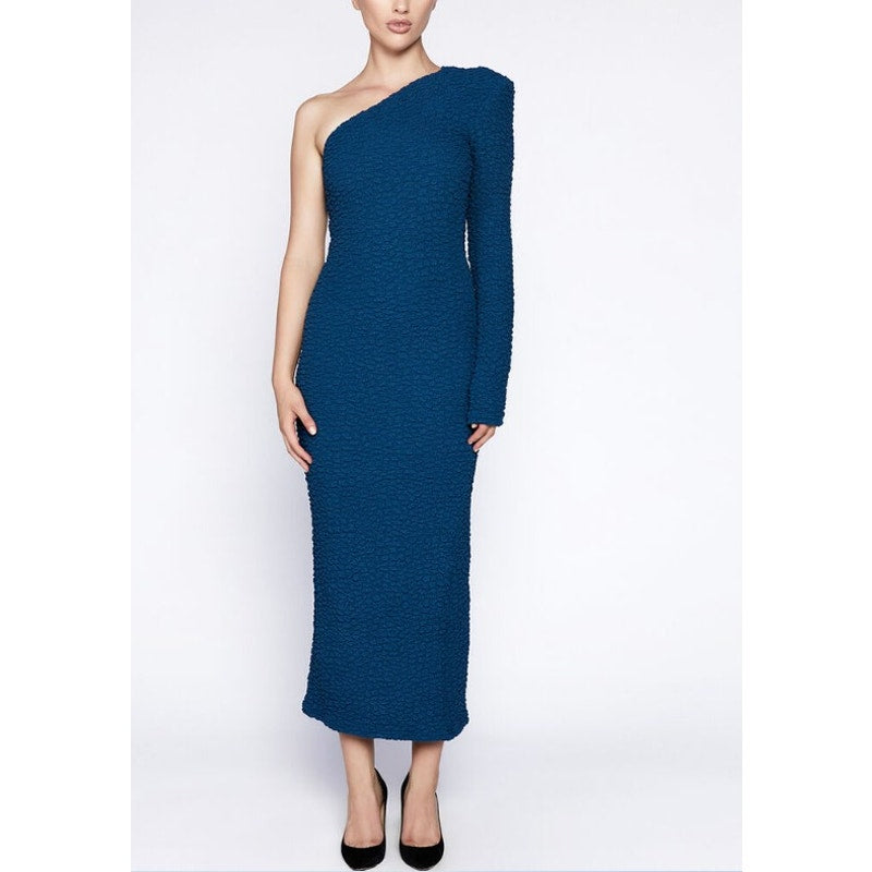 BARDOT Women's Crinkle One Shoulder Dress Size 4 Teal Blue Stretch Lined NWT