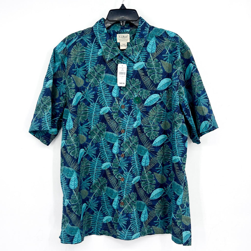 L.L BEAN Mens Tropics Print Short-Sleeve Casual Shirt Large Blue Green NWT
