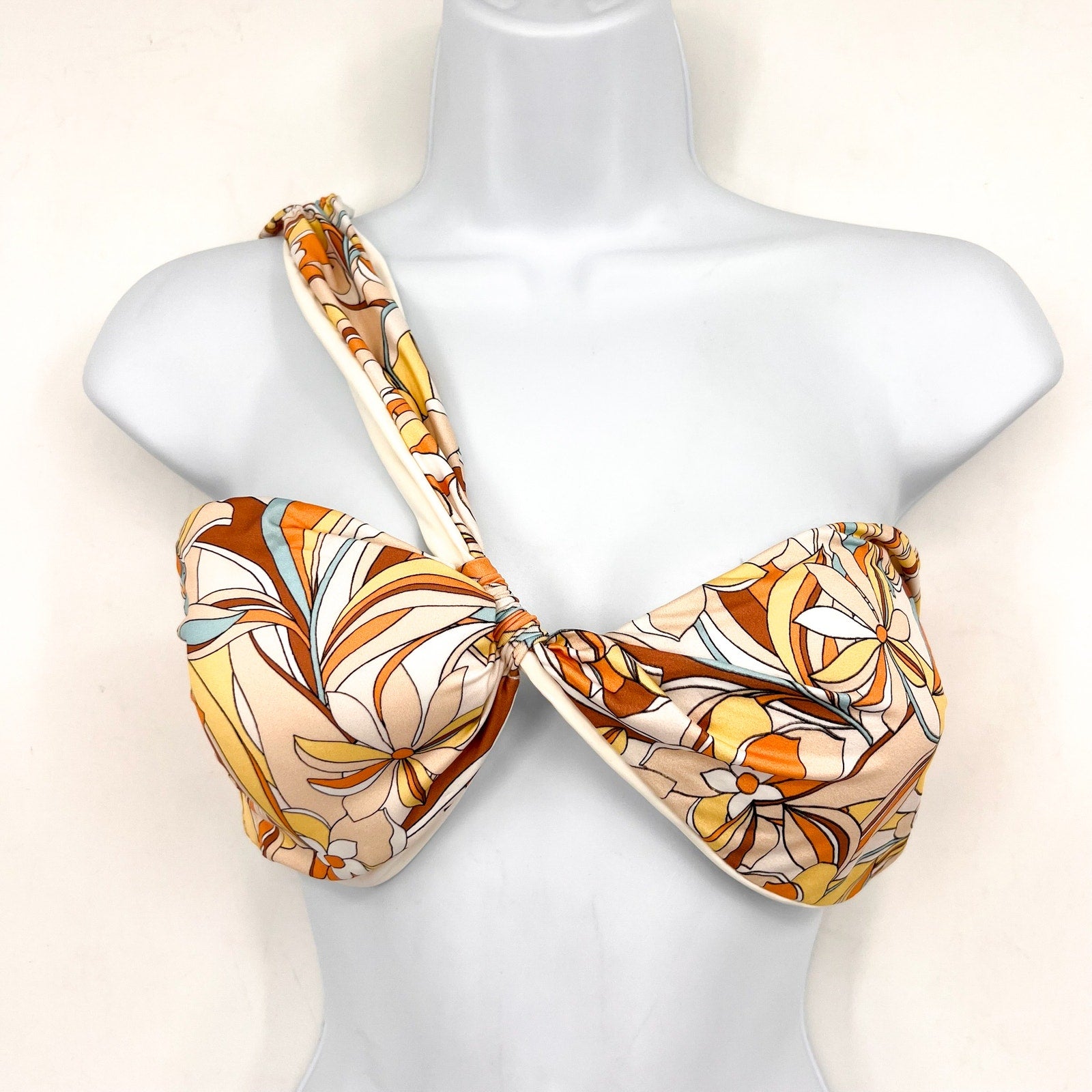 L*Space Womens Mick Bikini Top XL Yellow Mod Print Floral One Shoulder NWOT
