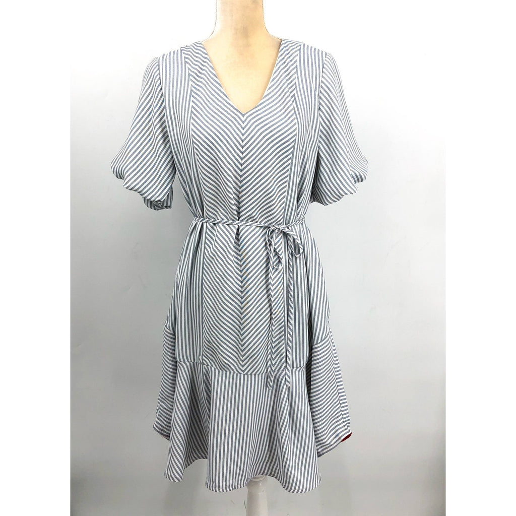 VINCE CAMUTO Women's V-Neck Dress Medium New Ivory Blue Oasis Stripe Belted NWT