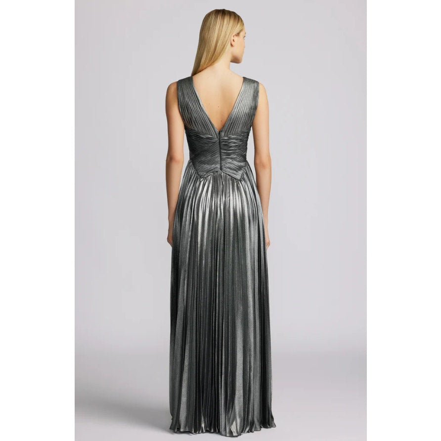 ZAC POSEN Women's Pleated Metallic Chiffon Gown Size 6 Silver Sleeveless NWT