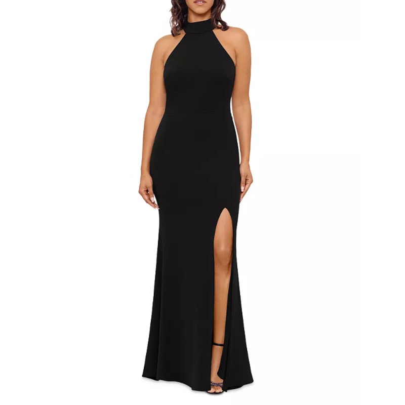 AQUA FORMAL Women's Halter Neck Slit Maxi Gown Size 4 Black Sleeveless NWT