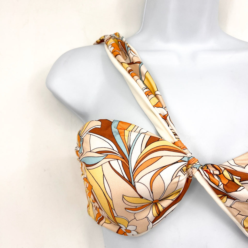 L*Space Womens Mick Bikini Top XL Yellow Mod Print Floral One Shoulder NWOT