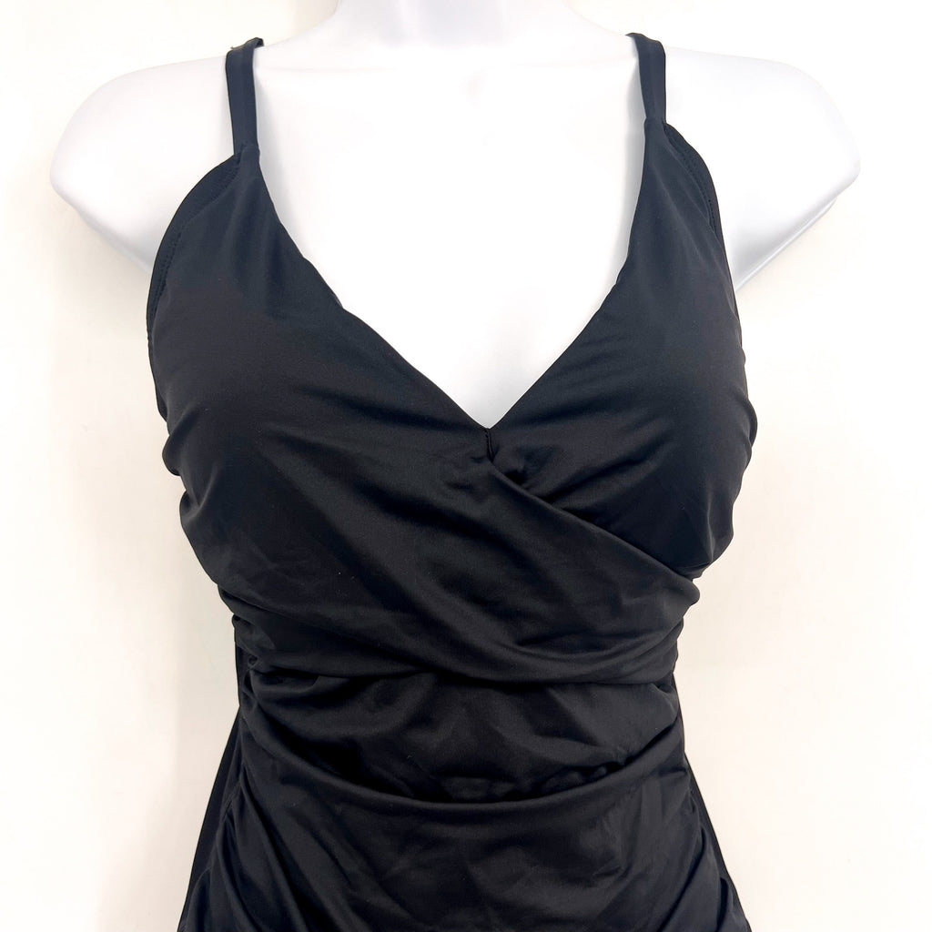 TOMMY BAHAMA Pearl V-Neck One Piece Swimsuit Size 6 Black Solid Cross Front NWT