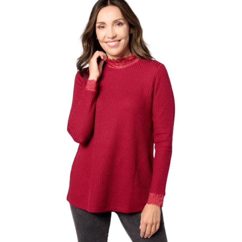 LOGO LORI GOLDSTEIN Metallic Waffle Knit Top Medium Rumba Red Long Sleeve NWOT