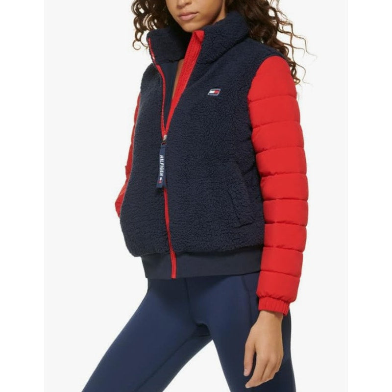 Tommy Hilfiger Sport Womens Sherpa Winter Coat Small Navy Blue Red Full Zip NWT