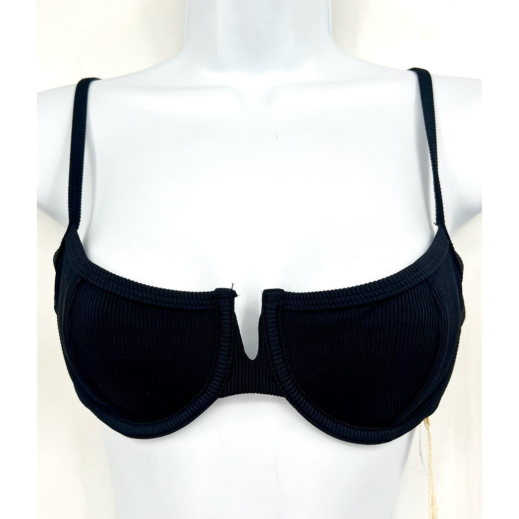 L*SPACE Women's Hunter Underwire Bikini Top Small Black V Front Tie Back NWT