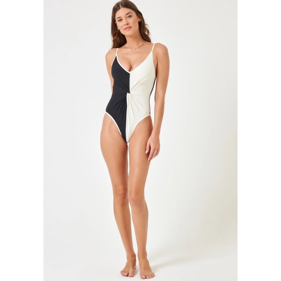 L*SPACE Women's Devi Classic One Piece Swimsuit Small Black Cream Colorblock NWT