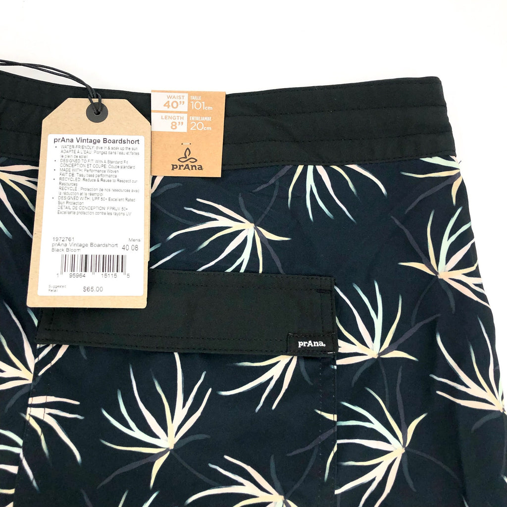 PRANA Men's Vintage Boardshort XXL 40 Black Bloom 8" Inseam Drawstring NWT