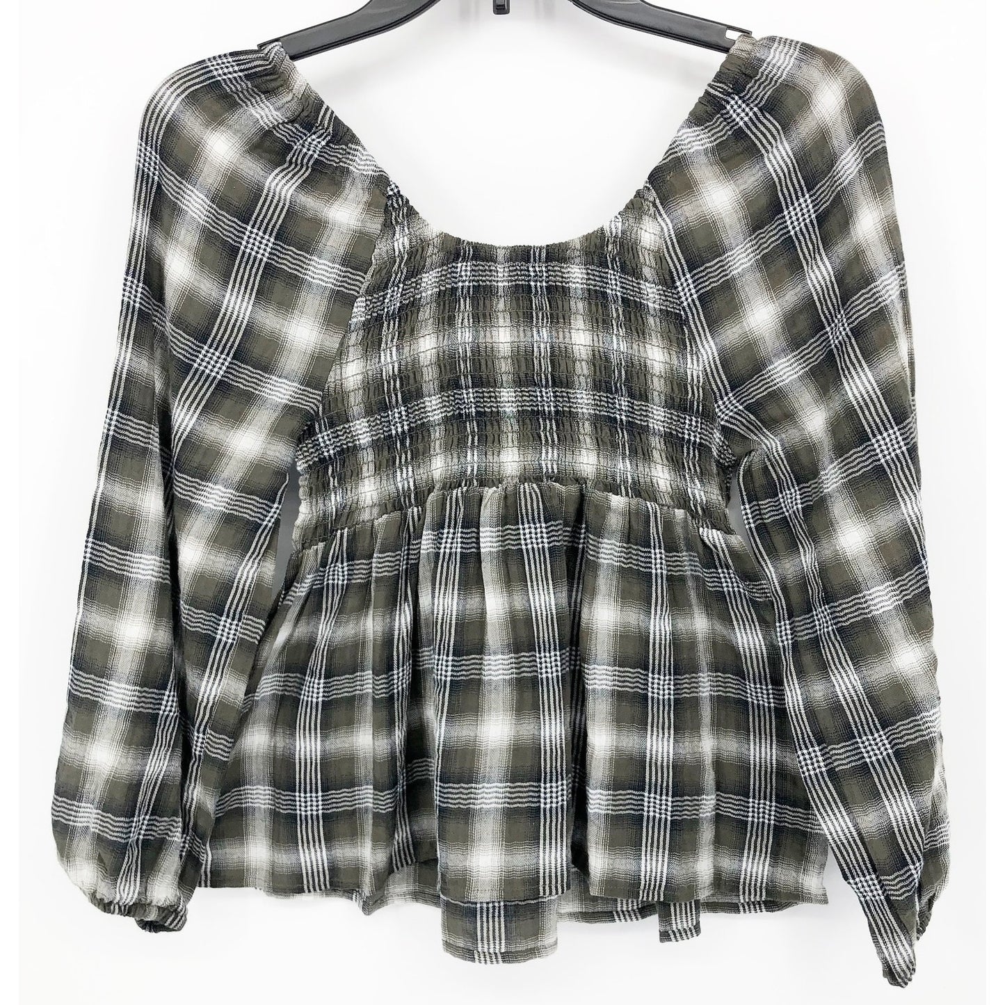 TOMMY JEANS Women's Plaid Peplum Top XS Green Thyme 3/4 Sleeve NWT