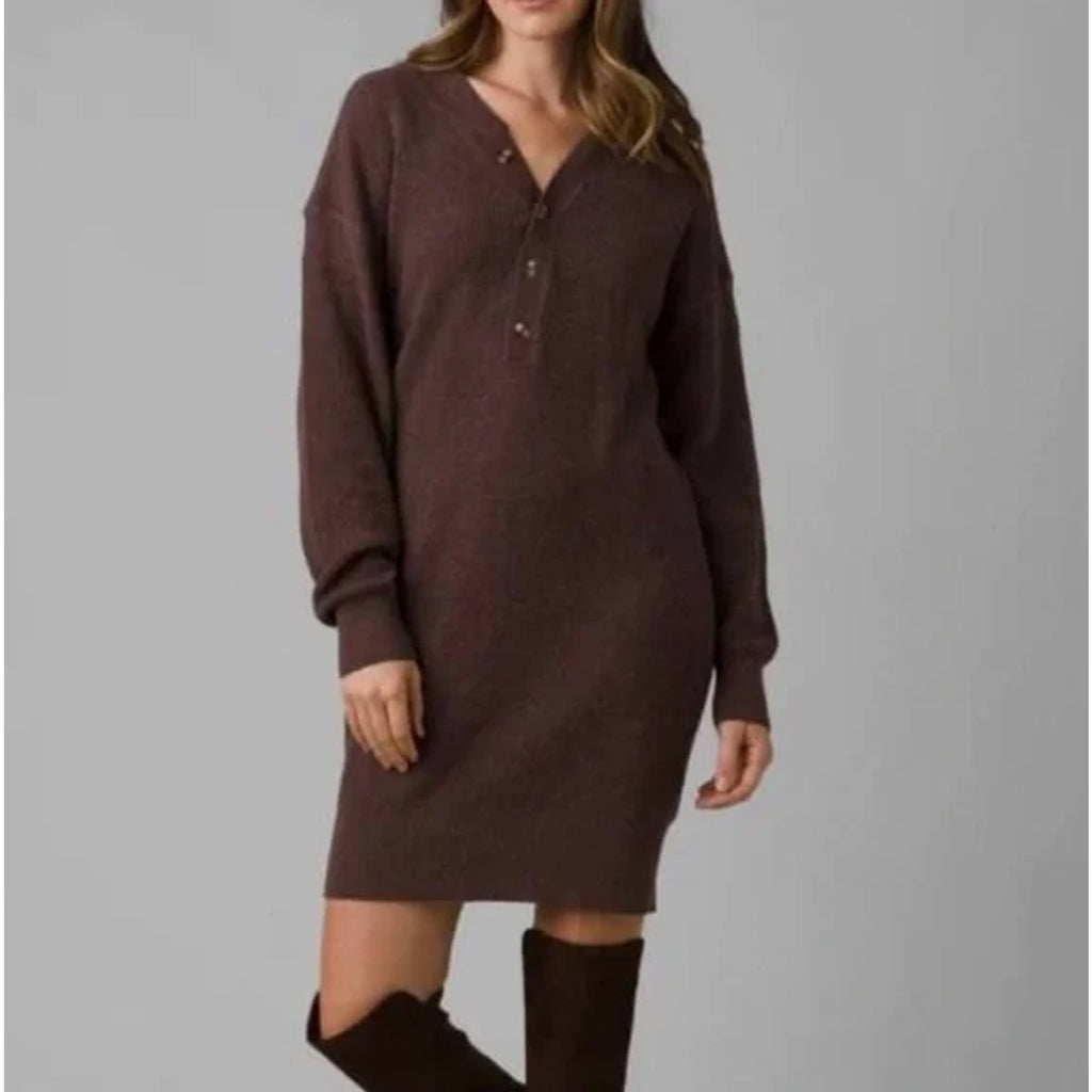 prAna Womens Milani Henley Dress Medium Clove Red Waffle Knit Thermal LS NWT