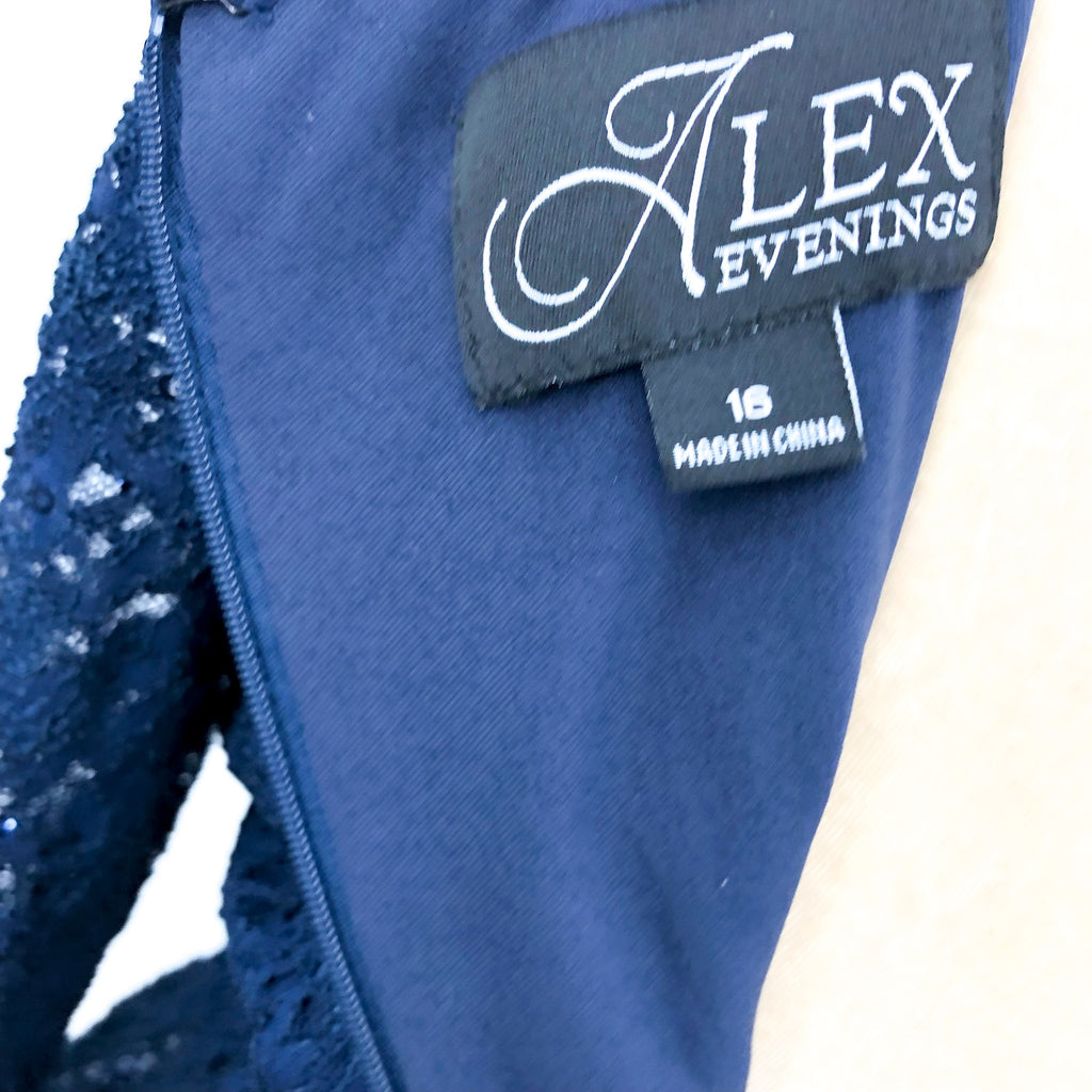 ALEX EVENINGS Sequin Lace Mock Dress Size 16 Navy Chiffon Skirt Sleeves NWT