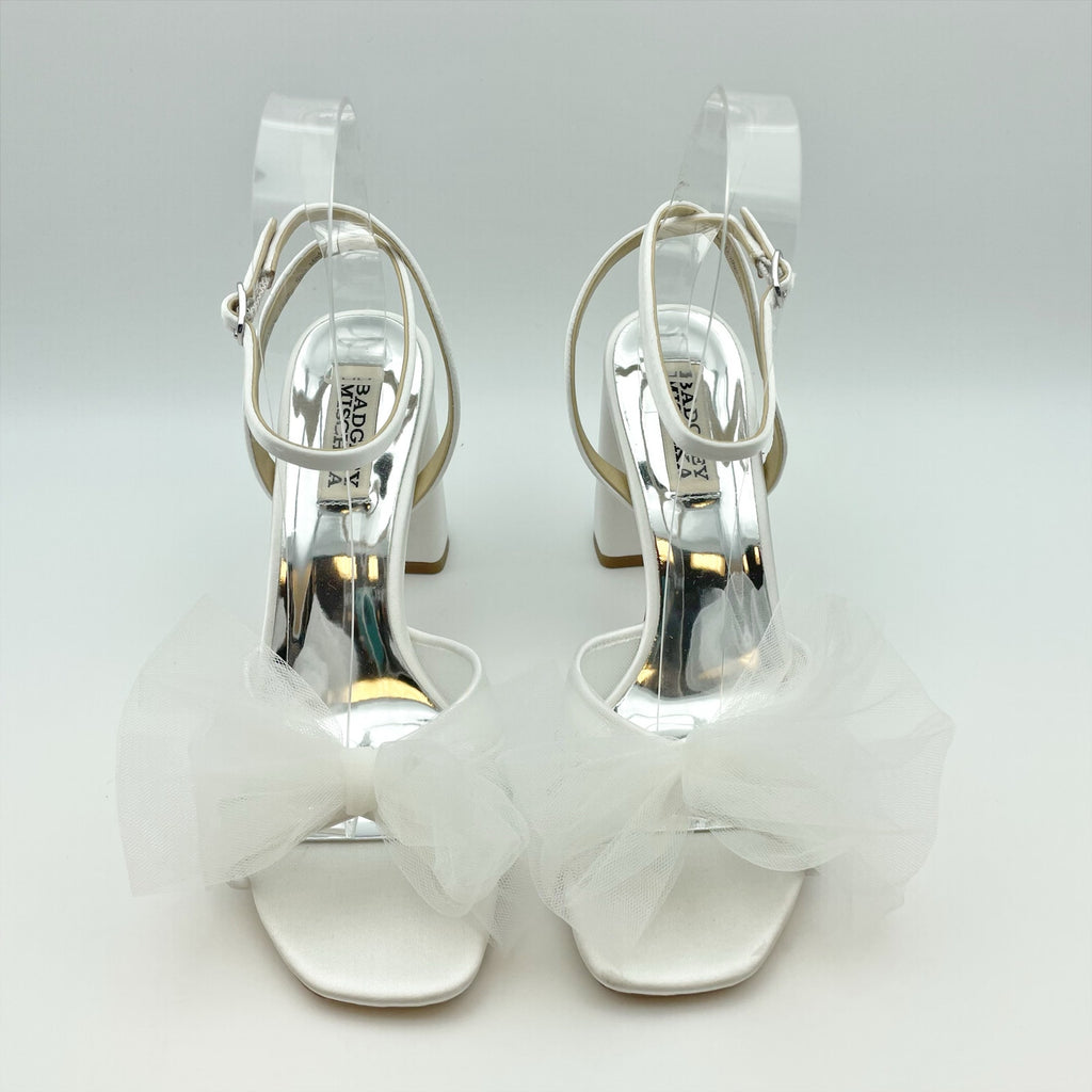 Badgley Mischka Womens Tess Heeled Sandals Size 8.5 M White Tulle Bow Bride NIB