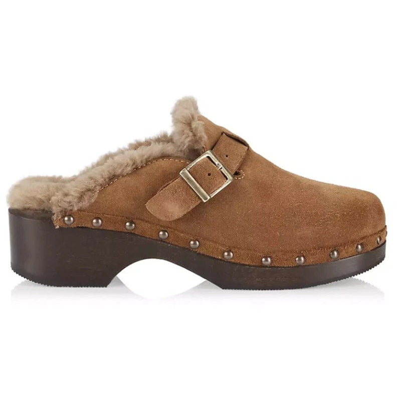 RE/DONE Womens 70s Studded Clogs EU 40 US 10 Cognac Brown Suede Shearling NWOB