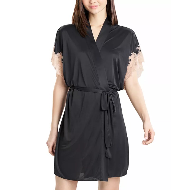 NATORI Women's Enchant Lace Trim Robe Small Black Short Sleeve Tie Waist NWT