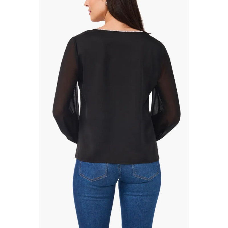 VINCE CAMUTO Womens Rhinestone-Trim Top Small Black V Neck Sheer Long Sleeve NWT