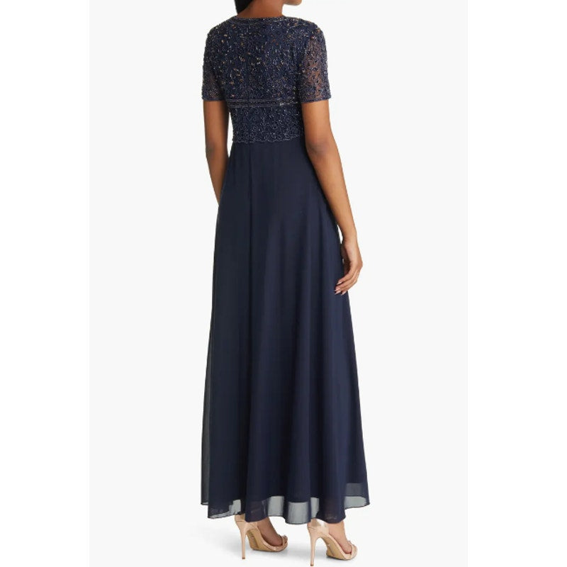 PISARRO NIGHTS Beaded Bodice A-Line Gown Size 12 Navy Blue Short Sleeve NWT